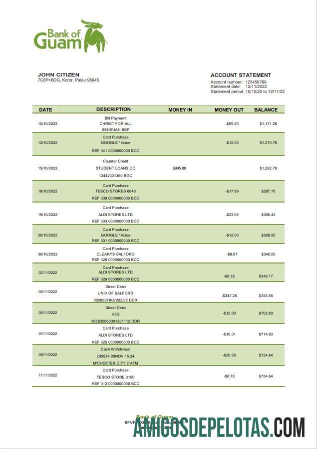 Modelo de extrato bancário do Palau Bank Of Guam